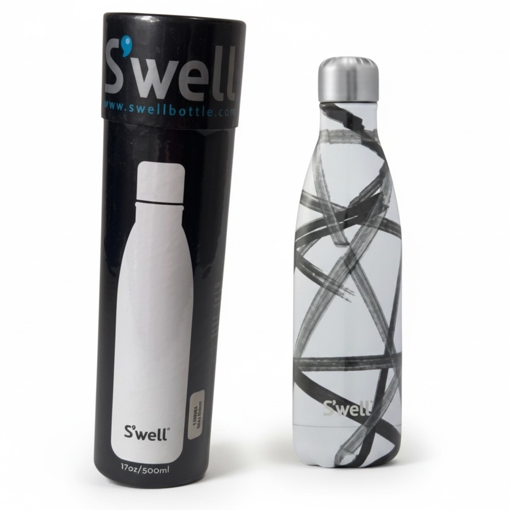 S'well NEW Sealed Insulated Water Bottle Black Ribbon Abstract White Silver 17oz